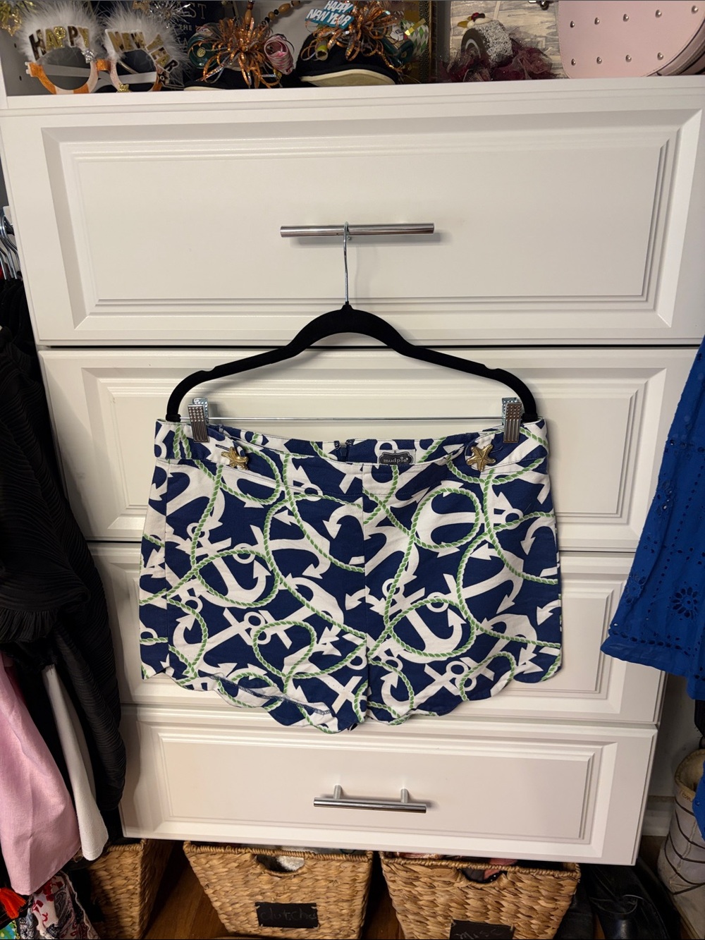 Mud Pie Navy Blue White Green Rope-Print High Waist Shorts